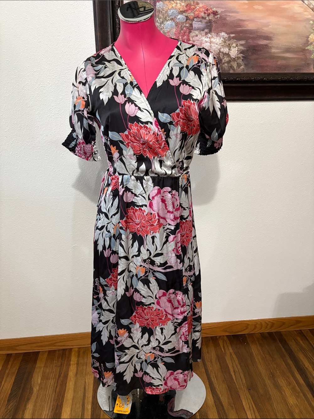 NWT! Bohme Floral Satin Puff Sleeve Midi Wrap Dress Bohemian Womens Medium